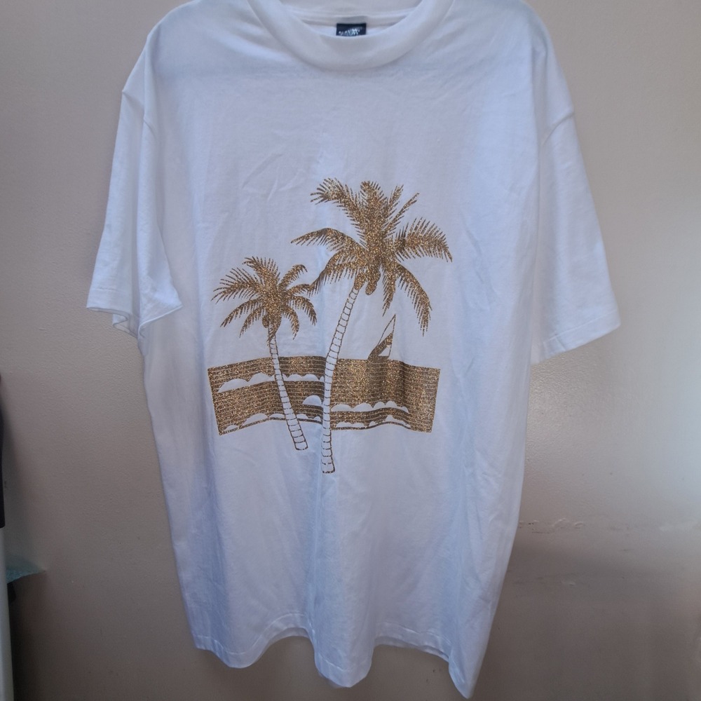 Diamond Dust Gold Glitter Palm Tree Sailboat T-Shirt White XL USA Made
